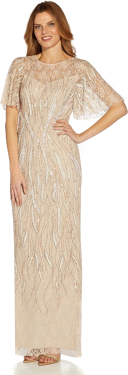 Adrianna Papell Women’s Beaded Flutter Sleeve Gown(Biscotti) - Adrianna ...