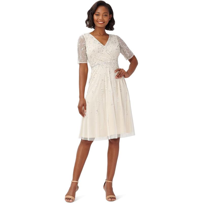 Adrianna Papell Women s Beaded Tea Length Dress Ivory Pearl