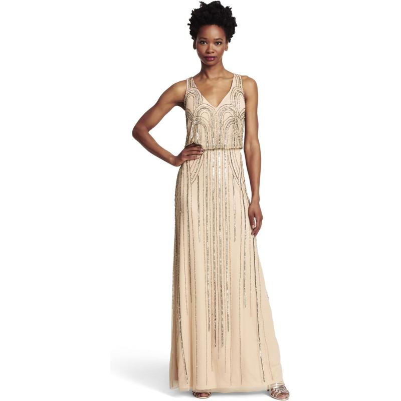 Adrianna Papell Women’s Beaded V-Neck Blouson Gown(Blush) - Adrianna Papell