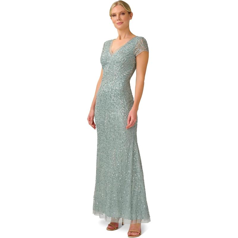 Adrianna Papell Women’s Beaded Mermaid Gown(Frosted Sage) - Adrianna Papell