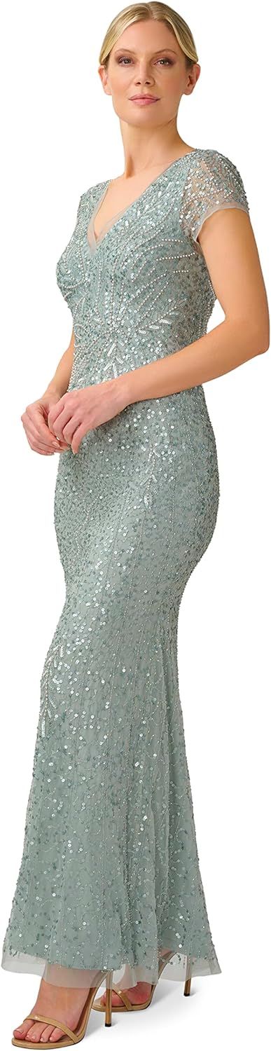 Adrianna Papell Women’s Beaded Mermaid Gown(Frosted Sage) - Adrianna Papell