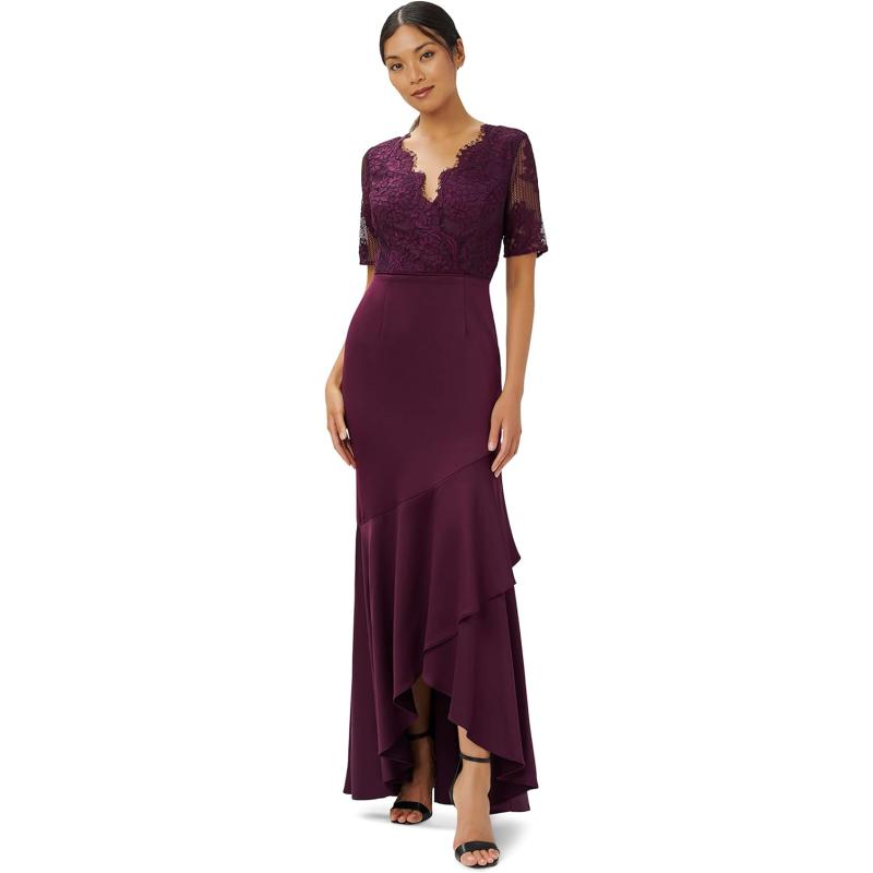 Adrianna Papell Women s Lace Satin Crepe Gown Bordeaux Adrianna