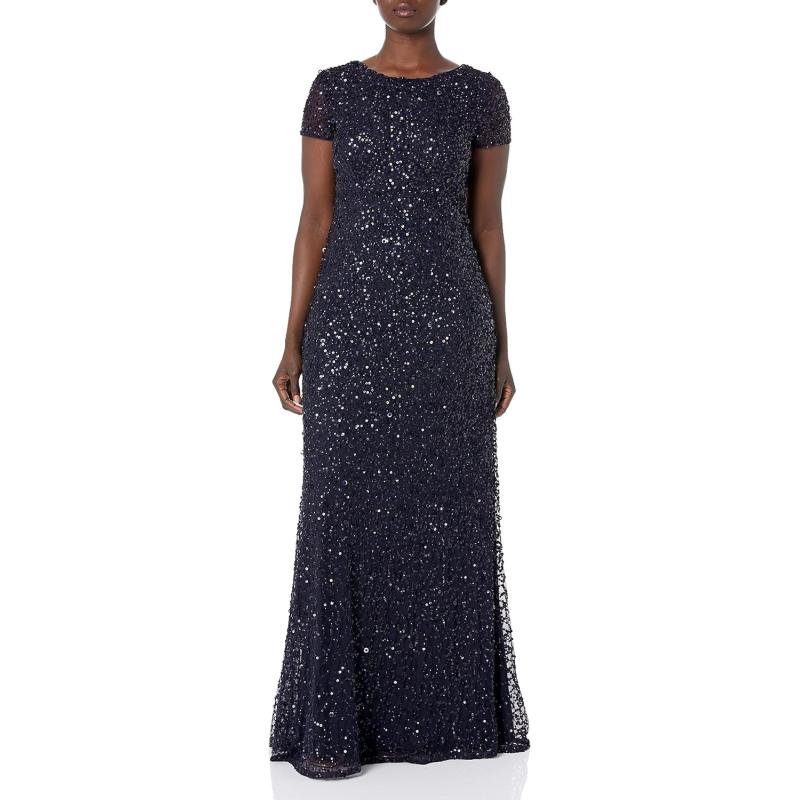 Adrianna Papell Women s Short Sleeve All Over Sequin Gown Navy