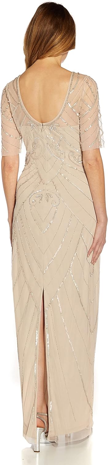 Adrianna Papell Women’s Beaded Long Column Gown(Biscotti) - Adrianna Papell