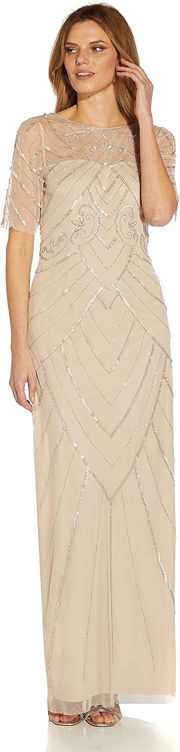 Adrianna Papell Women’s Beaded Long Column Gown(Biscotti) - Adrianna Papell