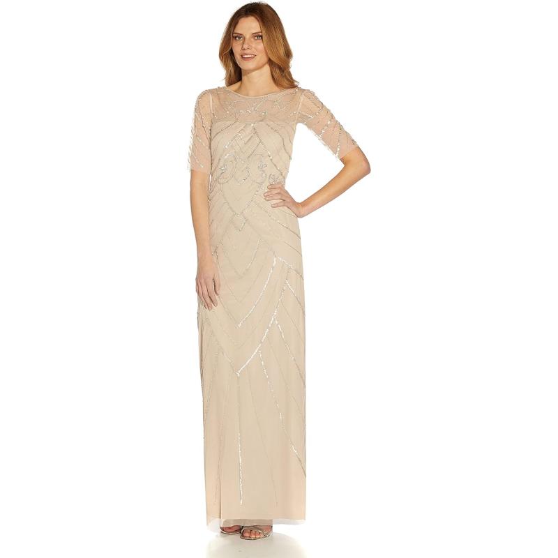 Adrianna Papell Women’s Beaded Long Column Gown(Biscotti) - Adrianna Papell